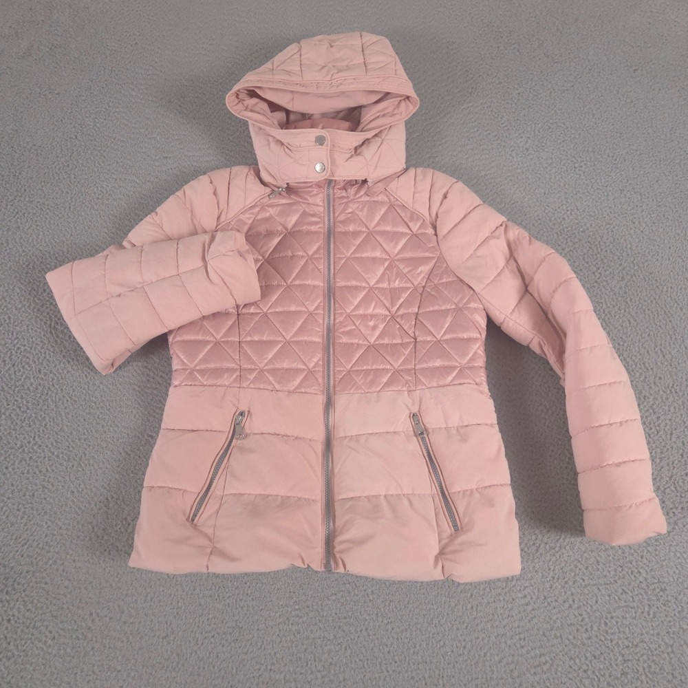 Marc New York Jacket Womens Large Pink Puffer Quilted Hooded Zip Up Mixed Media